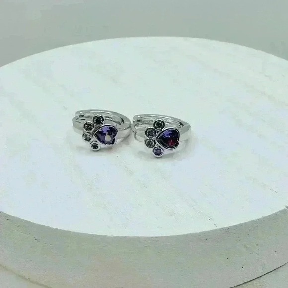 Paw Print Zircon Hoop Earrings in Purple - Picture 1 of 6
